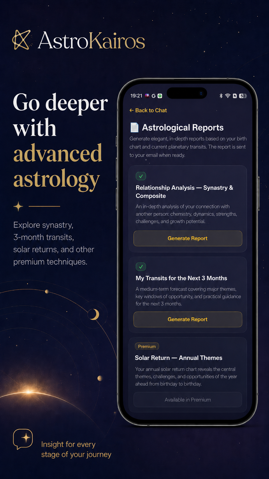 AstroKairos app showing advanced astrology insights for going deeper into your chart