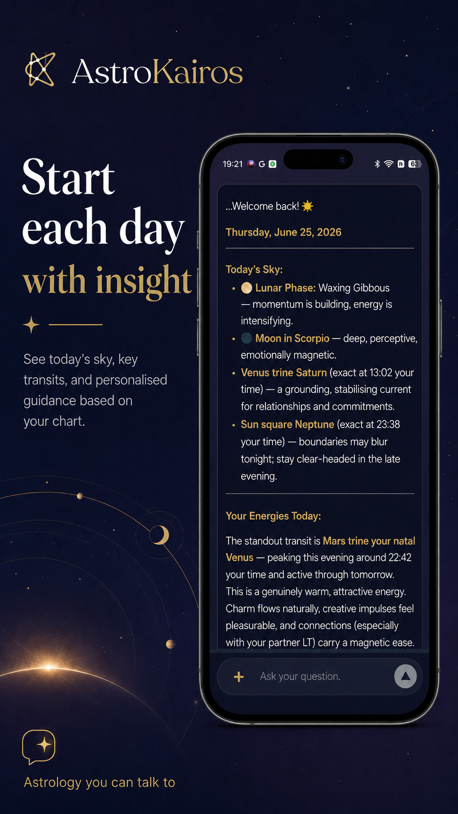 AstroKairos app showing today's sky summary with lunar phase, Moon sign, and personalized transit guidance in a chat conversation