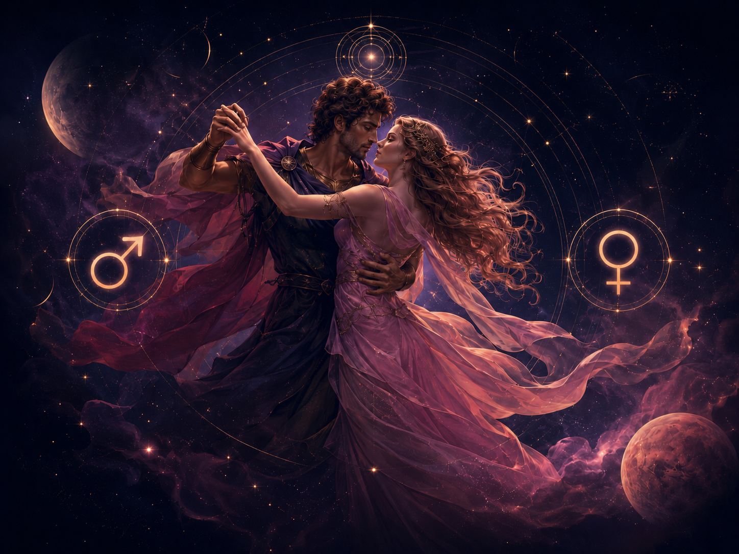 Mars and Venus dancing among the stars — love astrology